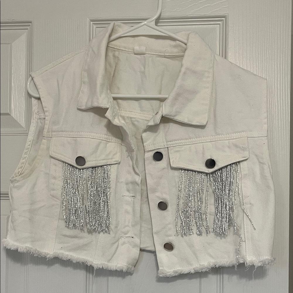 Chic White Vest with Silver Fringe
